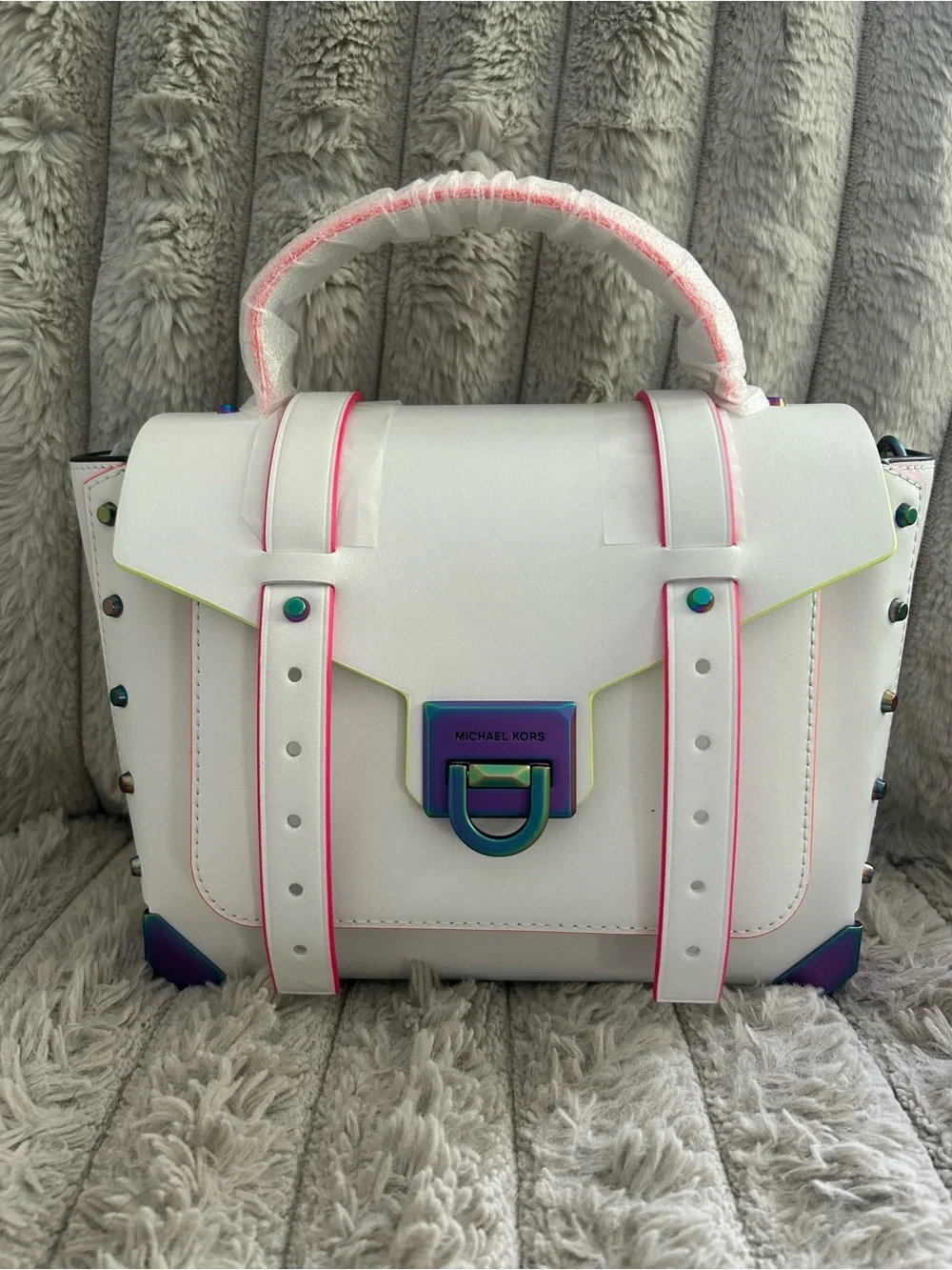 Michael Kors Manhattan Neon Rainbow Leather Satchel Optic White NWT